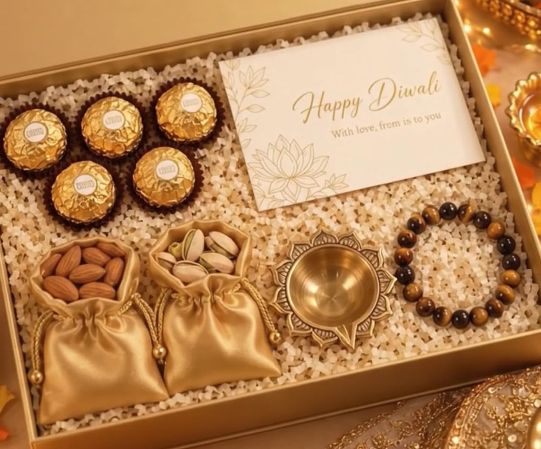 Anar box contents: premium chocolates, dry fruits, brass diya, Tiger Eye bracelet and note