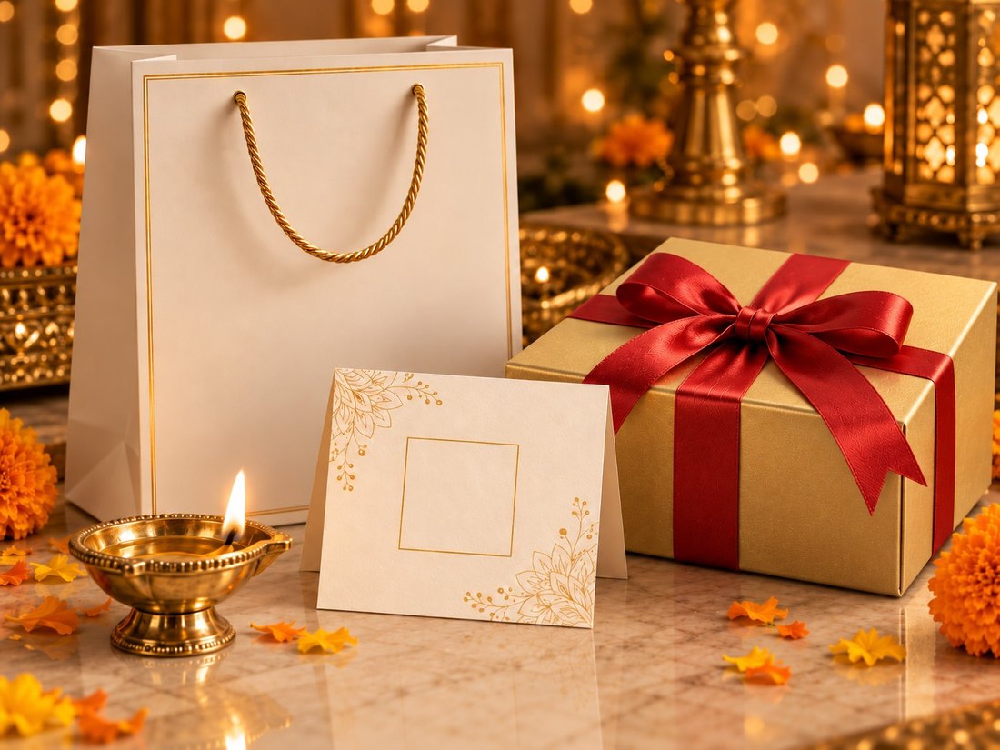 Diwali gift box with gift bag, note card and brass diya
