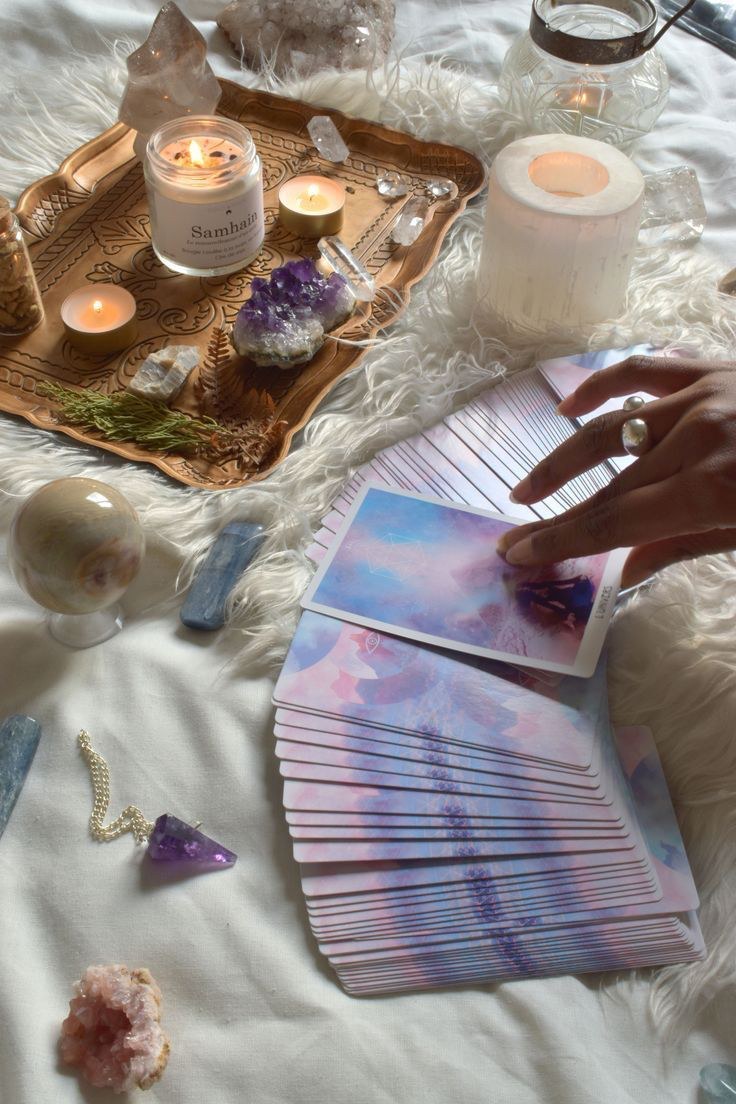 Tarot reading with candles and crystals